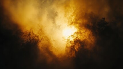 Obraz premium Dramatic shot of a sunrise through dense industrial smoke, golden light contrasting with dark pollution, environmental theme.