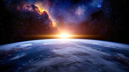 Earthrise: A Celestial Panorama - Sunrise over Earth, cosmic wonder, vibrant nebula, planet Earth, breathtaking view. Symbolizing hope, creation, exploration, peace, and wonder.