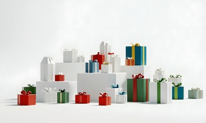 Colorful gifts on white cubes, studio shot, holiday background, e-commerce
