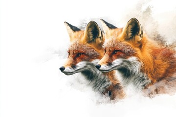 A captivating watercolor painting of two red foxes, side by side, showcasing their vibrant fur and intense gaze.