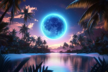 Vibrant moonlit tropical paradise at dusk.