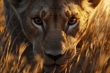 Close-up of a lioness's face, amber eyes gleaming in golden savanna grass.