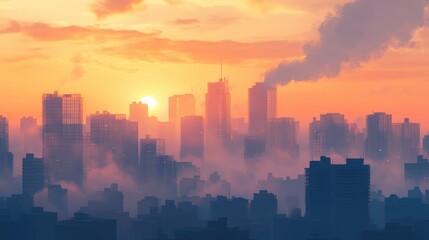 Fototapeta premium Evening city skyline veiled in heavy smog, golden light piercing through the haze, highlighting air pollutions impact.