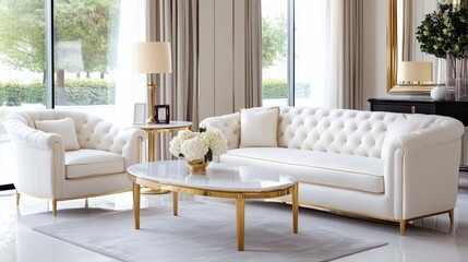 Elegant White Sofa and Armchair Set - Luxurious white button-tufted sofa and armchair with gold legs in a bright living room.