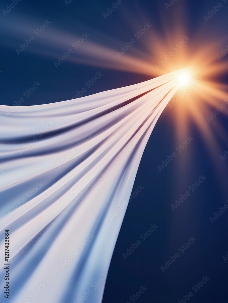 Poster fabric flowing towards light - abstract image of flowing white fabric reaching towards a bright ligh