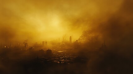 Fototapeta premium Evening city skyline veiled in heavy smog, golden light piercing through the haze, highlighting air pollutions impact.