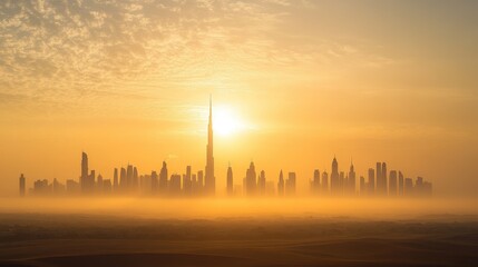 Fototapeta premium Evening city skyline veiled in heavy smog, golden light piercing through the haze, highlighting air pollutions impact.