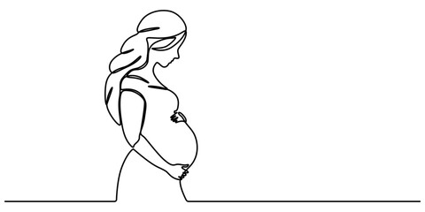 Continuous line drawing of a pregnant woman. One line drawing of a pregnant woman. Pregnant belly. Minimalist contour illustration of a happy mother, Pregnant Woman Continuous Line Icon,  Concept for.