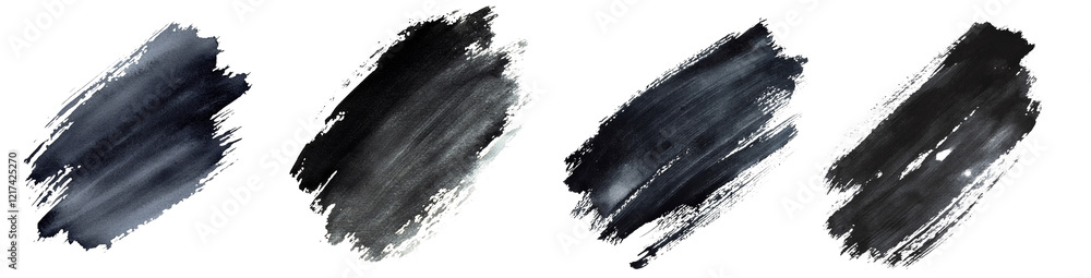 Poster four grayscale paint strokes of varying shades and textures are displayed against a black background