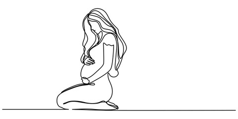 Continuous line drawing of a pregnant woman. One line drawing of a pregnant woman. Pregnant belly. Minimalist contour illustration of a happy mother, Pregnant Woman Continuous Line Icon,  Concept for.