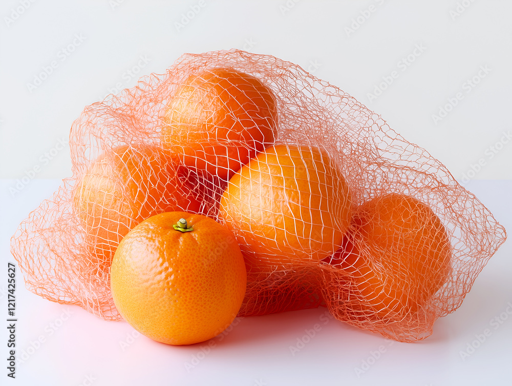 Poster a close-up shot of a group of fresh oranges in a net bag with a soft and inviting visual appeal, rea