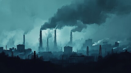Obraz premium Factory chimneys emitting dense smoke into the atmosphere, creating a thick layer of smog, dark industrial landscape..