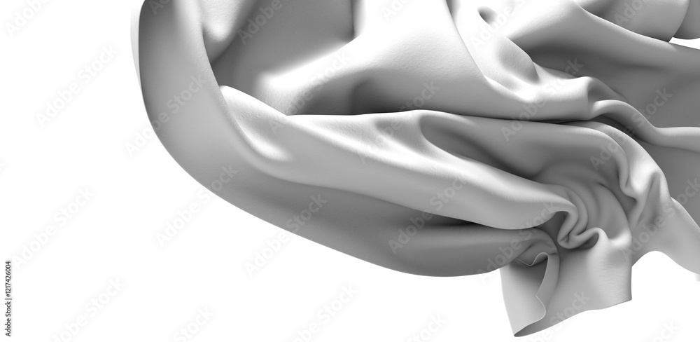 Fototapete A white fabric draped and flowing in a soft, abstract form. The texture and folds of the material are highlighted by the subtle interplay of light and shadow.
