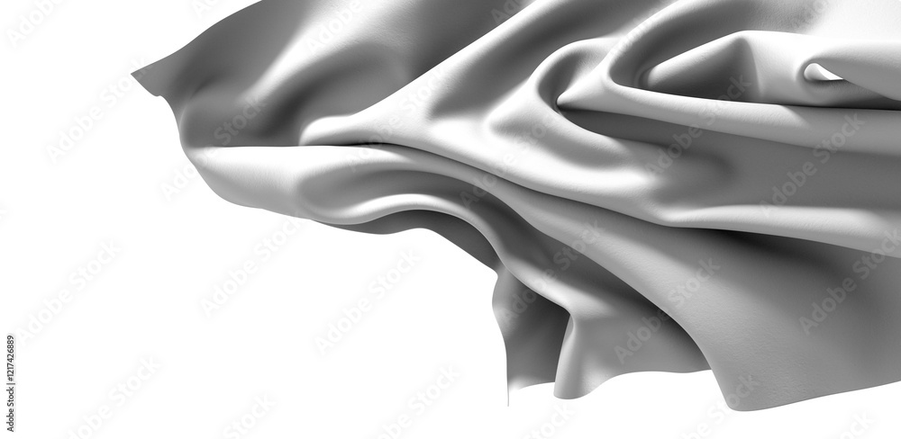 Poster a white fabric draped and flowing in a soft, abstract form. the texture and folds of the material ar