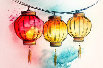 Obraz premium Hand drawn watercolor glowing lanterns on a bright background create a festive atmosphere for Chinese New Year