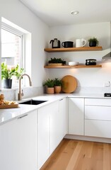 Modern kitchen interior with countertops and woodwork, white cabinets and a window for natural light. White marble countertop. 