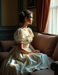 Young Woman in Regency Dress Sitting by a Sunlit Window