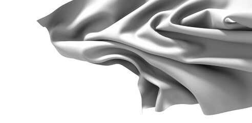 Abstract image of a gray fabric drape with wrinkles and folds, isolated on white background.