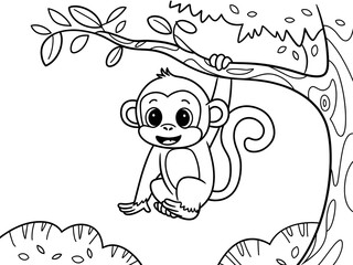a cute little monkey hanging with branch a coloring page for kids