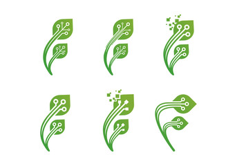 Technology and Digital Connection Logo Vector Letter F with Leaf and Dot technology sign.