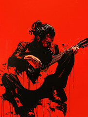 Expressive Guitarist Performing Flamenco on Bold Red Background.