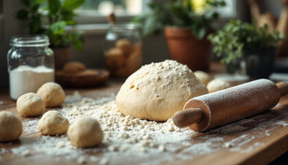 Fototapeta premium Freshly made dough and baking ingredients arranged on a wooden kitchen table during daytime