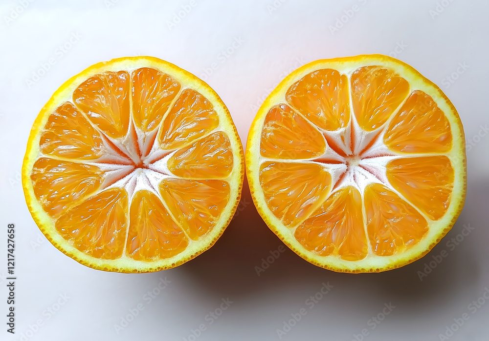 Poster two orange halves with a starburst pattern in the center, vibrant and juicy, creating a symmetrical 