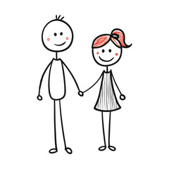 A simple hand-drawn sketch of a stick-figure couple, featuring minimalistic lines, playful doodle style, holding hands, with a heart or whimsical details for charm.