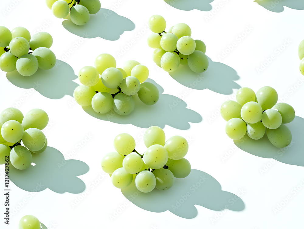 Poster a minimalist and elegant still life of green grapes arranged in a repetitive pattern with soft shado
