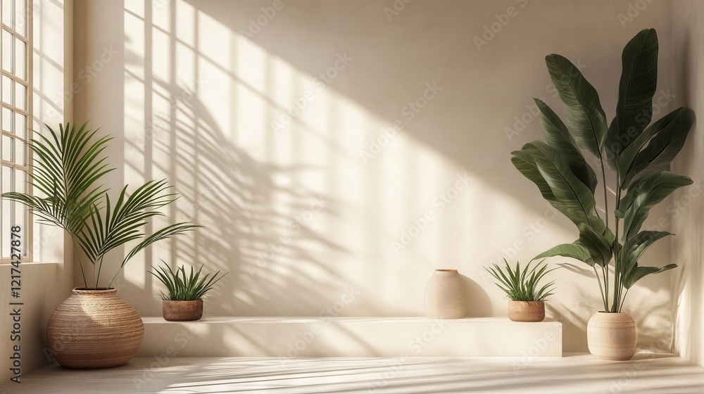 Poster minimalistic abstract gentle light beige background for product presentation with light andand intri