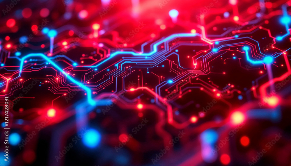 Poster abstract representation of a circuit board with vibrant red and blue lights representing technology 