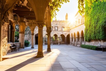 Obraz premium Renaissance stone courtyard with fountain and ornate archways