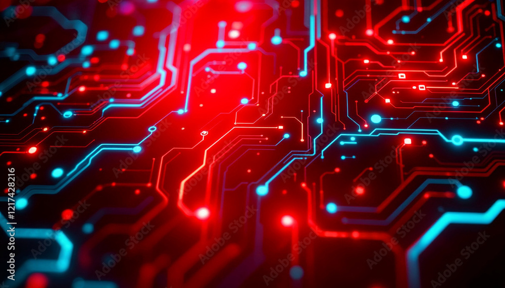 Poster colorful circuit board design with intricate patterns and glowing lights showcasing technology and i
