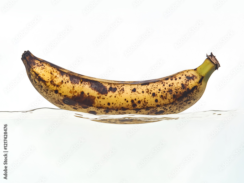 Poster overripe banana floating on water surface, showing brown spots and texture, capturing a unique visua