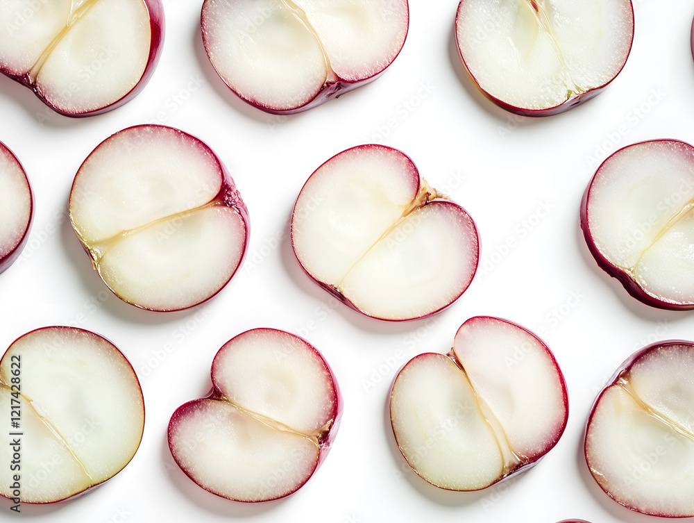 Poster red grapes sliced in half, arranged in a repeating pattern against a white background creating a vib