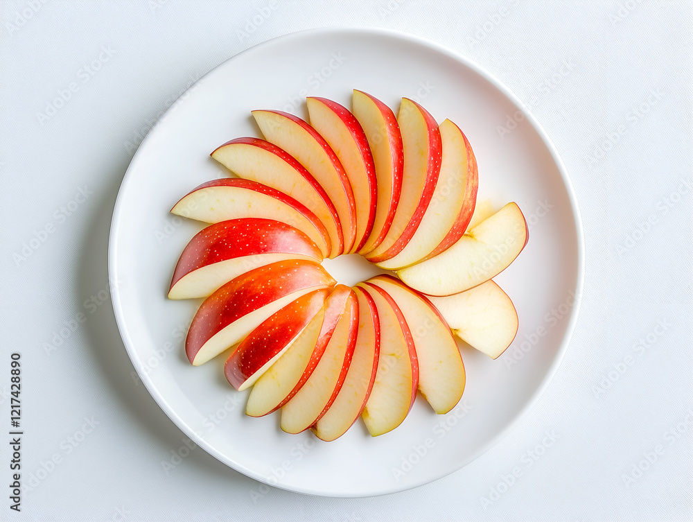 Poster red apple slices arranged in a spiral pattern on a white plate with a minimalistic and modern aesthe