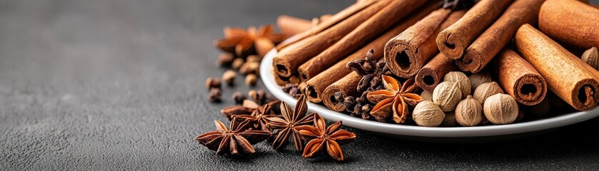A variety of whole spices like cinnamon sticks, star anise, and cloves arranged on a plate. © Mrammon