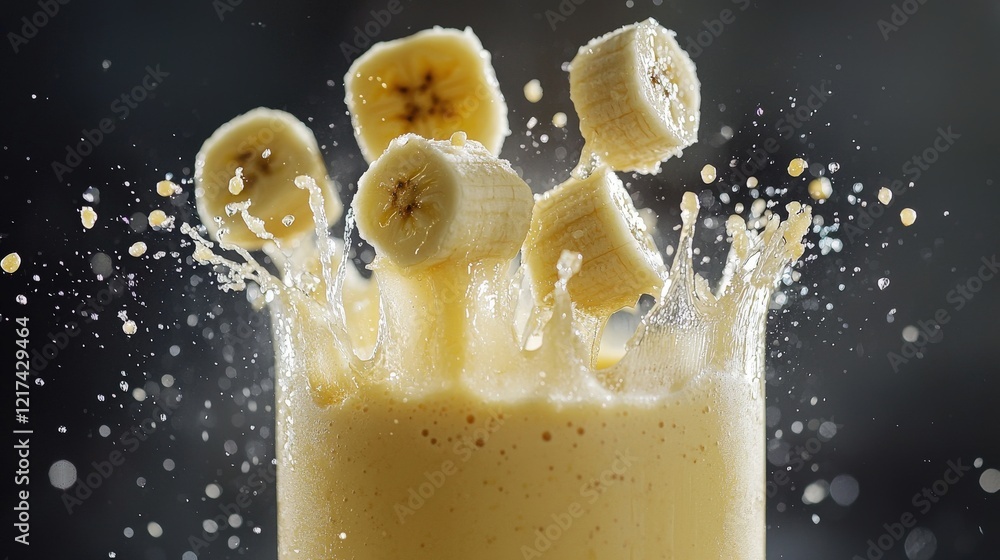 Poster splashing banana smoothie with fresh fruit pieces in dynamic motion on dark background