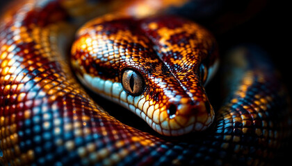 Fototapeta premium Brightly colored snake resting calmly on a dark surface during a quiet moment in its natural habitat