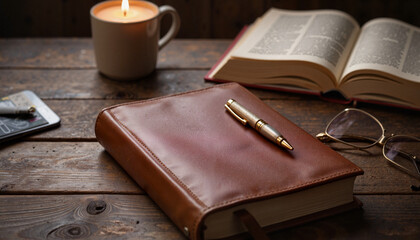 Fototapeta premium Leather journal and pen on wooden desk with candlelight, creativity