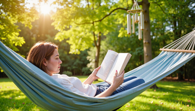 Woman reading in hammock under sunlight in serene garden, relaxation