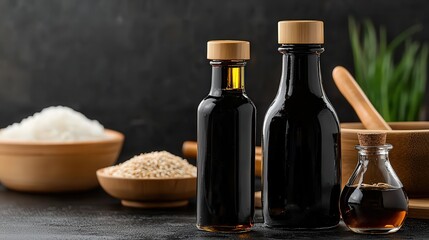 A soy sauce bottle displayed alongside sesam