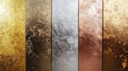 Gold rose, silver, bronze, copper and golden foil texture gradation background set. Vector shiny and metalic gradient collection for border, frame, ribbon, label design
