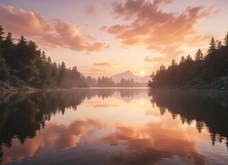 Obraz premium Soft peach hues blend with creamy whites in a serene cloudy sunset over a tranquil lake, peaceful, gentle light, atmosphere