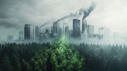 Obraz premium Forest transitioning from green to gray smog-filled air, environmental destruction and pollution awareness concept.
