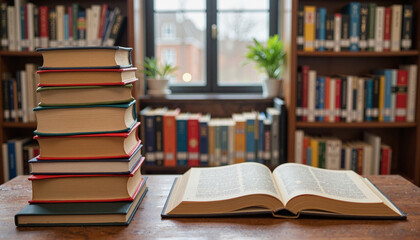 Colorful books stacked in cozy library, celebrating World Book Day