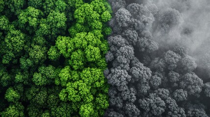 Forest transitioning from green to gray smog-filled air, environmental destruction and pollution awareness concept.