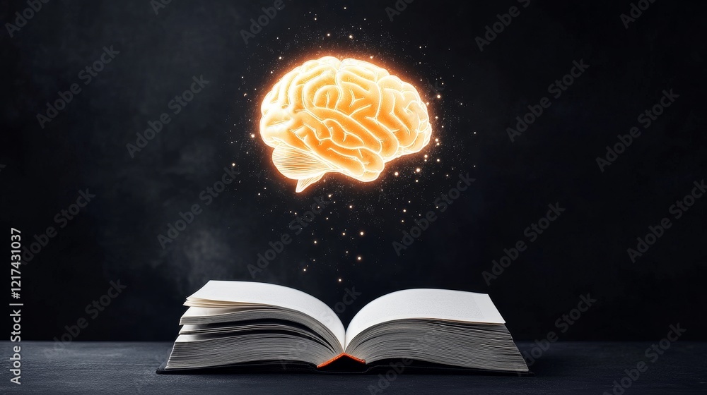 Aufkleber knowledge and the open book - glowing brain image above an open book, symbolizing learning, knowledg