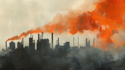 Obraz premium Layered composition of smog, city, and industrial skyline, vibrant orange and gray tones symbolizing pollutionâ€™s spread.