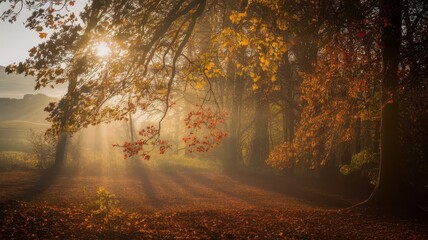 Obraz premium Golden autumn light filters through trees, creating a serene and magical atmosphere in a forest filled with vibrant fall colors.